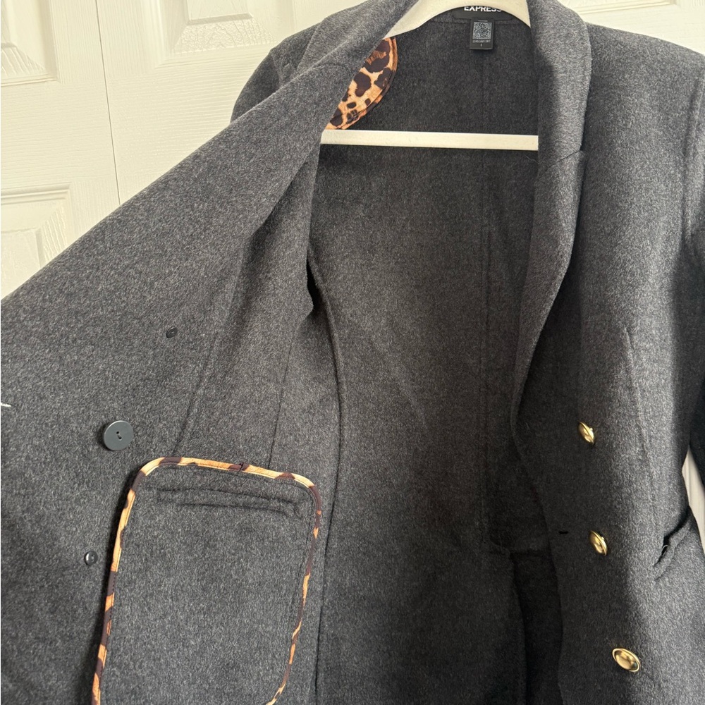 Express Double-Breasted Charcoal Gray Blazer with Gold Buttons - Picture 2 of 6